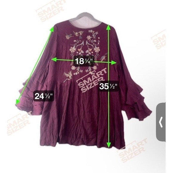 Umgee Burgundy Embroidered Ruffle-Sleeve Tunic Dress – Size Large - Picture 8 of 11